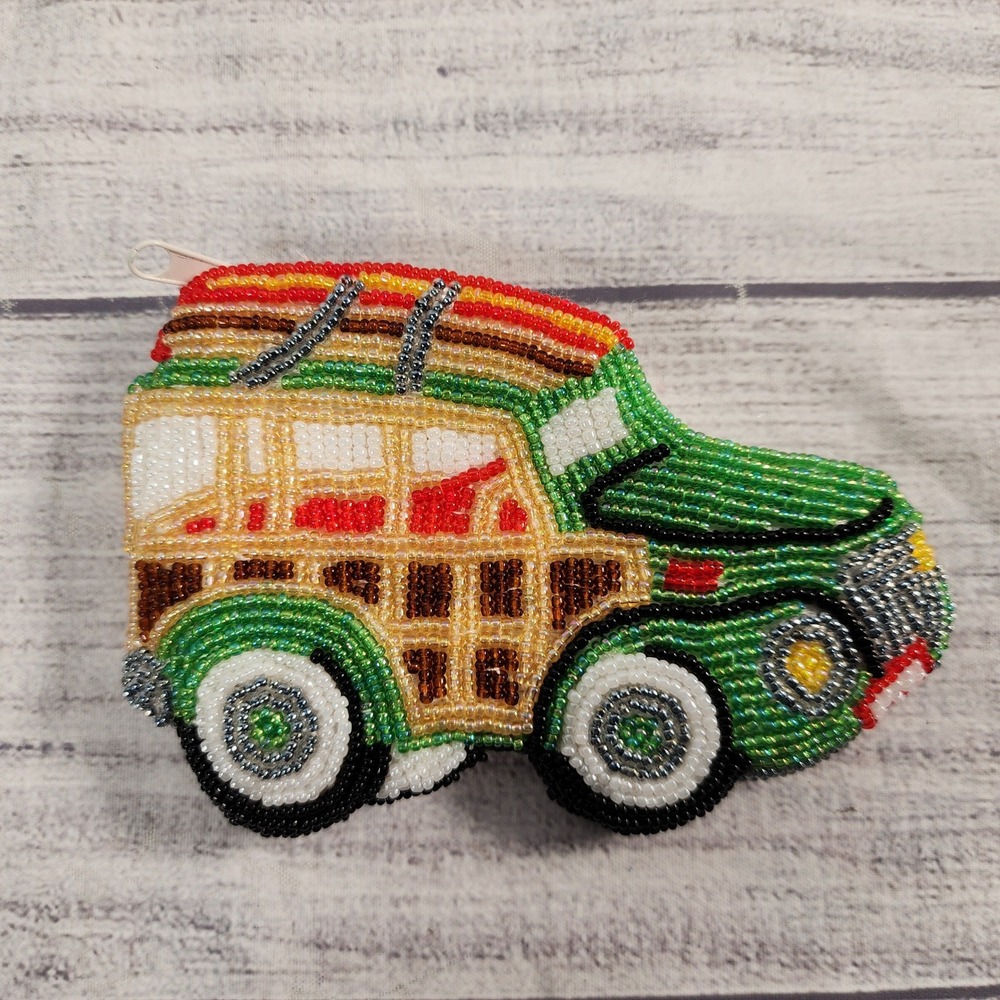 C. Marie Beaded Woody Station Wagon Surfboard Coin Purse Pouch Green Tan